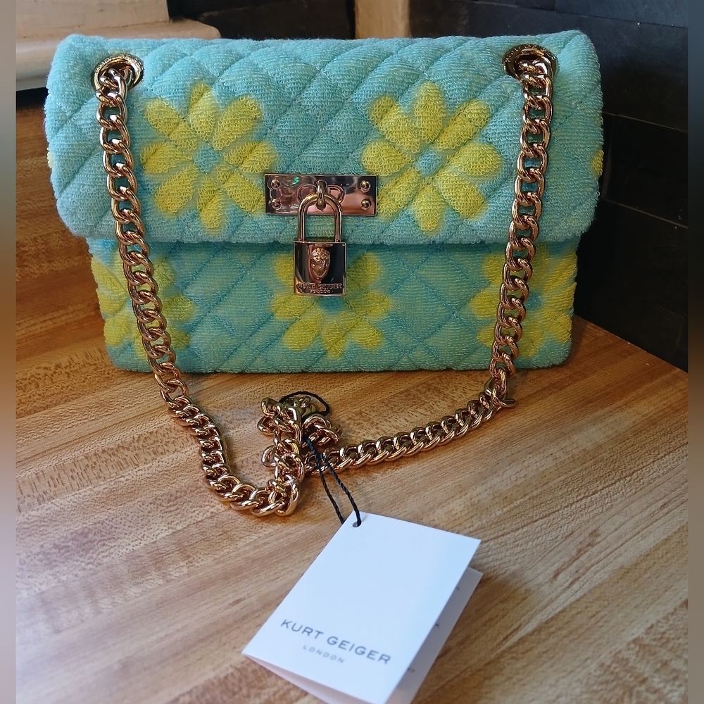 Kurt Geiger Turquoise and Yellow Quilted Floral Shoulder Bag with Gold Chain